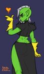 2017 alien alien_humanoid bottomwear breasts clothed clothing darkeros disney female fingers gloves green_body green_skin hair handwear hi_res humanoid humanoid_pointy_ears looking_at_viewer looking_back lord_dominator midriff not_furry pink_sclera signature solo standing topwear wander_over_yonder white_hair