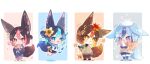  4boys alternate_hair_color animal_ear_fluff animal_ears aqua_eyes aqua_hair black_hair blue_eyes blue_hair book boots brown_hair brown_sweater cherry_blossoms chibi closed_mouth earrings flower fox_boy fox_ears fox_tail genshin_impact green_eyes hair_between_eyes hair_flower hair_ornament highres holding holding_book jacket japanese_clothes jewelry kimono leaf long_sleeves looking_at_viewer male_focus maple_leaf multicolored_hair multiple_boys necktie open_mouth orange_hair orange_scarf pink_hair rin_gotarou scarf shirt short_hair smile streaked_hair sweater tail tighnari_(genshin_impact) white_shirt yellow_eyes 