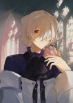  1boy absurdres ascot black_ascot coat emily_(pandora_hearts) grey_hair hair_over_one_eye highres looking_at_viewer male_focus off-shoulder_coat off_shoulder one_eye_covered pandora_hearts purple_shirt red_eyes shirt short_hair solo upper_body xiuning233 