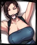  after_sex ahegao bangs bdsm blue_eyes bondage bound breasts brown_hair cleavage covered_nipples cum cum_in_mouth empty_eyes facial fucked_silly gag gagged game_over huge_breasts jill_valentine open_mouth oral parted_bangs resident_evil resident_evil_3 ring_gag sawao shiny shiny_clothes short_hair skin_tight solo 
