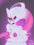  2018 anthro blush breasts embarrassed felid feline female front_view legendary_pok&eacute;mon looking_at_viewer mammal mega_evolution mega_mewtwo mega_mewtwo_y mewtwo navel nintendo nipples pok&eacute;mon pok&eacute;mon_(species) red_eyes simple_background solo valavari video_games 