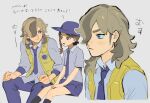  1boy 1girl ? arven_(pokemon) braid closed_mouth collared_shirt grey_background grey_shirt hair_over_one_eye hat highres juliana_(pokemon) kneehighs knees long_hair multiple_views necktie open_mouth pants pokemon pokemon_sv purple_necktie purple_pants s90jiiqo2xf0fk5 shirt short_sleeves shorts sitting smile socks translation_request vest yellow_vest 