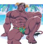  1boy abs another_eidos-r bara beard blush brown_hair bulge colored_sclera colored_skin deer_boy demon_boy demon_horns facial_hair foot_out_of_frame forked_eyebrows green_eyes green_male_swimwear hairy highres horns knee_up large_pectorals looking_at_viewer male_focus male_swimwear mature_male multicolored_hair muscular muscular_male mustache_stubble navel navel_hair nipples pectorals pointy_ears print_male_swimwear sanpaku shy solo sparse_chest_hair sparse_navel_hair stalon_(another_eidos) stomach strongman_waist swim_briefs thick_eyebrows thick_thighs thighs topless_male tusks yakisoba_ohmori 