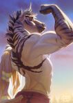 anthro azuza biceps biped bottomwear clothed clothing digital_drawing_(artwork) digital_media_(artwork) equid equine flexing fur hi_res horn looking_back male mammal muscular muscular_anthro muscular_male nipples outside pants solo topless towel