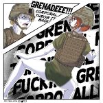  2girls artist_name ass_shake blonde_hair blue_eyes brown_headwear camouflage camouflage_headwear colored_skin digital_camouflage english_commentary english_text from_behind green_shirt green_shorts highres linda_crawford marine_corps_yumi meme military military_uniform motion_blur multiple_girls nagumo_yumi open_mouth orange_eyes orange_hair plate_carrier puto_trash shaded_face shirt short_hair short_sleeves shorts speed_lines sweat teeth text_background twerking uniform united_states_marine_corps upper_teeth_only white_background white_skin 