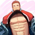  1boy abs absurdres bara bare_pectorals blush brown_hair clothes_in_mouth facial_hair goatee highres huge_pectorals konpei_daidai looking_at_viewer male_focus mouth_hold muscular muscular_male nipples pectorals rugby_uniform sanpaku scar scar_on_cheek scar_on_face shirt_in_mouth short_hair shy solo spiked_hair sportswear strongman_waist stubble tamamura_gunzo thick_eyebrows tokyo_afterschool_summoners upper_body 