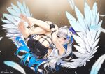  1girl :d amane_kanata amane_kanata_(6th_costume) asymmetrical_sleeves barefoot black_shorts blue_eyes blue_hair blush casino_(casinoep) colored_inner_hair feathered_wings feathers feet full_body grey_hair hair_between_eyes hair_ornament hairclip halo hololive long_hair long_sleeves looking_at_viewer multicolored_hair shirt short_sleeves shorts smile solo star_halo twitter_username uneven_sleeves very_long_hair virtual_youtuber white_shirt wings 