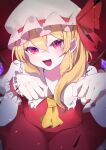  1girl absurdres ascot blonde_hair cowboy_shot crystal dress flandre_scarlet hand_up hat highres looking_at_viewer medium_hair mob_cap open_mouth red_dress red_eyes red_ribbon ribbon simple_background solo touhou user_pakz8588 yellow_ascot 