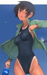  1girl black_eyes black_hair bottle breasts cameltoe commentary_request competition_swimsuit covered_nipples cowboy_shot green_jacket jacket kuronami_(lvi) looking_at_viewer lvi one-piece_swimsuit one-piece_tan open_clothes open_jacket original revision short_hair small_breasts solo swimsuit tan tanlines 