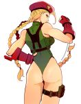  1girl absurdres ahoge ass bare_shoulders beret blonde_hair braid cammy_white commentary fingerless_gloves floating_hair from_behind frown gauntlets gloves green_leotard hand_on_own_hip hand_up harness hat highleg highleg_leotard highres huge_ahoge isaacchief300 leotard long_hair looking_at_viewer looking_back profile simple_background solo street_fighter thigh_pouch thong_leotard toned twin_braids twintails very_long_hair white_background 