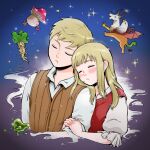  1boy 1girl aged_down blonde_hair brother_and_sister child chimera drooling dungeon_meshi falin_thorden laios&#039;_ideal_chimera laios_thorden light_blush locked_arms mandrake negri siblings simple_background sky sleeping sleeping_on_person slime_(creature) star_(sky) starry_sky walking_mushroom_(dungeon_meshi) 