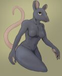anthro brown_eyes ethan0 female grey_body half_body hi_res looking_up mammal murid murine pawpads rat rodent simple_background solo yellow_background