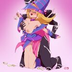  1boy 1girl armpits bare_shoulders blonde_hair blue_eyes blush_stickers breasts clothed_sex condom cum cum_on_body cum_on_breasts cum_on_legs dark_magician dark_magician_girl grabbing grabbing_another&#039;s_breast hat heart heart-shaped_pupils hetero holding holding_condom kneeling large_breasts long_hair mizutenka nipples one_eye_closed purple_headwear saliva sex sex_from_behind simple_background symbol-shaped_pupils used_condom witch_hat yu-gi-oh! 