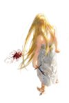  1girl ankle_lace-up arms_at_sides bare_arms bare_shoulders blonde_hair blood blood_on_knife blood_splatter dress from_above from_behind full_body gkfdlfdjqtdma highres knife korean_commentary long_hair princess_zelda reverse_grip sandals shards simple_background solo standing strapless strapless_dress the_legend_of_zelda very_long_hair white_background white_dress 