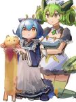  2girls :&lt; animal apron blue_hair cat closed_mouth commentary dragon_girl dress duel_monster feet_out_of_frame frilled_apron frills full_body green_hair green_thighhighs hair_between_eyes hatano_kiyoshi heart highres holding holding_animal holding_cat horns kneeling laundry_dragonmaid long_sleeves longcat_(meme) looking_at_viewer maid melffy_catty meme multicolored_hair multiple_girls parlor_dragonmaid puffy_short_sleeves puffy_sleeves short_hair short_sleeves simple_background smile tail thighhighs tongue tongue_out two-tone_hair v-shaped_eyebrows white_background wide_sleeves yellow_cat yellow_eyes yu-gi-oh! 