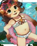  1girl animal_ears animal_nose bikini brown_hair collarbone commentary dog_ears dog_girl dog_nose elly_(auvere) english_commentary eyewear_on_head flat_chest freckles frilled_bikini frilled_innertube frills furry furry_female green_eyes highres innertube looking_at_viewer medium_hair navel open_mouth original signature snout solo star-shaped_eyewear sunglasses swim_ring swimsuit teeth upper_teeth_only variant_set white_bikini 