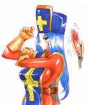  1girl blue_eyes blue_hair blush bodysuit censored dragon_quest dragon_quest_iii glory_hole gloves hat hetero kikuta latex latex_gloves long_hair mitre orange_bodysuit penis priest_(dq3) solo_focus 