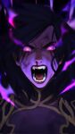  1girl angry black_background blood colored_sclera fangs highres league_of_legends long_hair medium_hair morgana_(league_of_legends) nosebleed open_mouth pink_background pink_eyes portrait purple_hair purple_sclera skxtching_(veegoesgrr) solo tears teeth tongue 