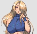  1girl absurdres bare_shoulders blonde_hair blue_eyes breasts commentary crop_top english_commentary eyelashes hair_over_one_eye highres large_breasts long_hair looking_at_viewer metroid mole mole_under_mouth parted_lips pink_lips samus_aran simmsy simple_background solo teeth upper_body v-shaped_eyebrows white_background 