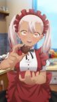  1girl apple apron breasts chloe_von_einzbern dark-skinned_female dark_skin dot_nose fate/kaleid_liner_prisma_illya fate_(series) food forehead fruit game_cg grapes hair_between_eyes highres holding indoors long_hair looking_at_viewer maid_apron maid_headdress official_art orange_(fruit) pink_hair puffy_short_sleeves puffy_sleeves red_pupils shirt short_sleeves small_breasts solo teeth third-party_source upper_teeth_only white_shirt window yellow_eyes 