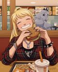  1boy 1girl ^_^ alphonse_elric armor artist_name black_nails blonde_hair booth_seating bracelet burger closed_eyes contemporary cup drinking_straw ear_piercing food french_fries fullmetal_alchemist grin jewelry lock marycrispies necklace padlock panda piercing plaid plaid_shirt restaurant shirt smile spiked_bracelet spikes winry_rockbell xiao-mei 