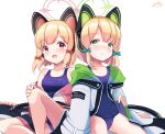  2girls animal_ear_headphones animal_ears bare_shoulders blonde_hair blue_archive blue_one-piece_swimsuit blush bow cat_tail closed_mouth fake_animal_ears green_bow green_eyes green_halo hair_bow halo headphones highres inakami jacket long_sleeves midori_(blue_archive) momoi_(blue_archive) multiple_girls one-piece_swimsuit open_clothes open_jacket open_mouth pink_halo red_bow red_eyes short_hair siblings simple_background sisters smile swimsuit tail twins white_background white_jacket wide_sleeves 