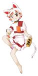  1girl animal_ears barefoot bell cat_ears cat_girl cat_tail collar flat_chest full_body goutokuji_mike grey_collar highres jingle_bell multicolored_hair neck_bell nonamejd official_style orange_eyes orange_hair puffy_short_sleeves puffy_sleeves red_hair shirt short_hair short_sleeves shorts simple_background smile solo tail touhou white_background white_hair zun_(style) 