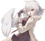  1girl ahoge commentary commeowdore commission english_commentary half_updo highres kishin_sagume long_sleeves looking_at_viewer necktie open_mouth pleated_skirt red_eyes red_necktie simple_background single_wing skirt solo touhou white_background wings 