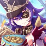  1girl artist_name black_headwear blurry blurry_background bright_pupils chevreuse_(genshin_impact) commentary_request confetti crossed_bangs detached_collar earmuffs earmuffs_around_neck eyepatch food french_fries genshin_impact gloves gold_trim hair_between_eyes hat holding holding_food long_hair looking_at_viewer manji_taba mole mole_under_mouth multicolored_hair onion_rings pointy_hair purple_eyes purple_hair shako_cap sidelocks signature smile solo streaked_hair two-tone_hair v white_gloves white_hair white_pupils 
