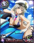  1girl bow breasts card_(medium) chess_piece cloud day detached_collar gloves grayfia_lucifuge grey_eyes grey_hair hair_bow hat high_school_dxd high_school_dxd_cross large_breasts looking_at_viewer necktie official_art outdoors quad_braids queen_(chess) smile solo sun torn_clothes 