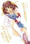  blue_skirt blush brown_hair censored dutch_angle feet footjob hairband ichi_(capsule29) kita_high_school_uniform looking_at_viewer open_mouth orange_hairband panties penis pov precum school_uniform serafuku skirt smile socks solo_focus standing suzumiya_haruhi suzumiya_haruhi_no_yuuutsu sweat translated underwear white_panties yellow_eyes 