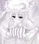  blush breast_grab breasts cum grabbing greyscale hat large_breasts long_hair monochrome paizuri paizuri_over_clothes patchouli_knowledge solo_focus touhou uni8 