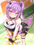  1boy 1girl absurdres aresiasitennou black_gloves black_skirt blush breasts cheerleader cleavage crop_top day demon_girl demon_horns demon_tail fingerless_gloves frown gloves green_eyes highres hololive horns leaning_forward long_hair medium_breasts outdoors pom_pom_(cheerleading) pout purple_hair side_ponytail sidelocks skirt solo star_(symbol) tail tokoyami_towa virtual_youtuber 
