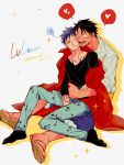  2boys :d aged_up arm_tattoo black_hair black_shirt borrowed_clothes chest_tattoo coat commentary_request couple demorzel denim earrings facial_hair full_body goatee heart highres hug jeans jewelry looking_at_another male_focus monkey_d._luffy multiple_boys muscular muscular_male one_eye_closed one_piece open_mouth pants sandals scar scar_on_face shirt short_hair sitting sitting_on_lap sitting_on_person smile socks spoken_heart spoken_squiggle squiggle tattoo trafalgar_law white_shirt yaoi yellow_eyes 