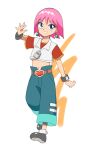  1girl :d beauty_(bobobo-bo_bo-bobo) belt blue_eyes blue_pants bobobo-bo_bo-bobo brown_belt crop_top earrings eyelashes full_body grey_footwear heart heart_belt jewelry navel nonamejd pants pink_hair short_hair short_sleeves smile solo 