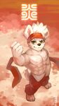 abs ainro anthro bottomwear canid canine canis clothing domestic_dog dong_xuan elysium_above fur green_eyes hair hi_res male mammal muscular muscular_anthro muscular_male nipples pants pecs pose shirtless_male smile solo standing white_body white_fur