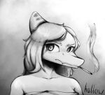 absurd_res anthro breasts cigarette confusion dinosaur fang_(gvh) female goodbye_volcano_high hallowmob hi_res humanoid looking_at_viewer monochrome pterodactylus pterosaur reptile scales scalie simple_background smoke smoking solo