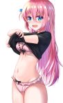  1girl black_shirt blue_eyes bocchi_the_rock! bra cowboy_shot cube_hair_ornament gotoh_hitori hair_ornament highres looking_at_viewer mitsumoti_8 navel open_mouth panties pink_hair shirt solo t-shirt underwear unlikely_accident wardrobe_malfunction 