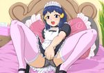  alternate_costume blue_hair gouguru hat hikari_(pokemon) maid panties pantyshot pokemon skirt solo spread_legs thighhighs underwear 