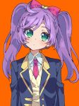  1girl aged_up blue_jacket closed_mouth collared_shirt commentary_request green_eyes head_tilt highres jacket long_hair long_sleeves looking_at_viewer manaka_laala necktie orange_background paprika_private_academy_school_uniform pink_necktie pretty_series pripara purple_hair school_uniform shirt simple_background solo tsujii_ruki twintails upper_body vest white_shirt yellow_vest 