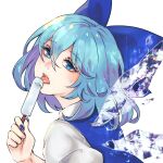  1girl absurdres blue_bow blue_dress blue_eyes blue_hair blue_nails bow cirno detached_wings dress food from_side glowing glowing_wings hair_between_eyes highres holding holding_food holding_popsicle ice ice_cream ice_wings kyogoku-uru licking looking_at_viewer looking_to_the_side medium_hair nail_polish popsicle shirt solo touhou upper_body white_background white_shirt wings 