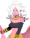  1girl absurdres android_21 bandeau bare_shoulders black_tube_top blue_eyes bracelet breasts cleavage closed_mouth colored_skin detached_sleeves dragon_ball earclip earrings flipped_hair highres holding_own_tail hoop_earrings isaacchief300 jewelry long_hair looking_at_viewer majin_android_21 medium_breasts midriff navel neck_ring necklace pink_skin pointy_ears simple_background solo strapless tail tube_top upper_body white_background white_hair 