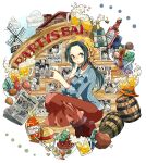  1girl alcohol beer beer_mug blue_shirt boots cloud commentary cup food fork green_hair hat highres holding holding_cup knife long_nose long_skirt looking_at_viewer makino_(one_piece) meat monkey_d._luffy mug nami_(one_piece) newspaper noise_pp one_piece orange_headwear ponytail portgas_d._ace roronoa_zoro sabo_(one_piece) sanji_(one_piece) shirt sidelocks skirt smile solo straw_hat striped_clothes striped_shirt tony_tony_chopper usopp vertical-striped_clothes vertical-striped_shirt windmill 