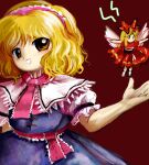  1girl alice_margatroid blonde_hair blue_dress capelet dress frilled_hairband frills hairband hand_up highres looking_at_viewer medium_hair puffy_short_sleeves puffy_sleeves red_background shanghai_doll short_sleeves simple_background smile solo touhou wavy_hair white_capelet yakumora_n yellow_eyes zun_(style) 