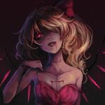  1girl absurdres alternate_costume bare_shoulders blonde_hair blood blood_from_mouth bow breasts collarbone dark_background fangs fingernails flandre_scarlet glowing glowing_eye hair_bow hair_over_one_eye highres kyogoku-uru large_bow long_fingernails long_hair looking_at_viewer nail_polish no_headwear one_side_up open_mouth red_background red_bow red_eyes red_nails scar scar_on_chest sharp_fingernails simple_background small_breasts solo touhou upper_body wings 