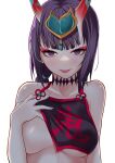  1girl absurdres bare_shoulders breasts chinese_clothes collarbone dudou eyeliner fate/grand_order fate_(series) forehead_jewel highres horns looking_at_viewer low_twintails makeup medium_breasts one_breast_out oni purple_eyes purple_hair short_hair short_twintails shuten_douji_(fate) shuten_douji_(halloween_caster)_(fate) skin-covered_horns smile solo tomotomow00w tongue tongue_out twintails 