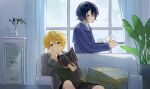  2boys black_hair blonde_hair blue_shirt book cabinet couch cup gilbert_nightray green_hair green_sweater grey_jacket highres holding holding_book indoors jacket male_focus multiple_boys necktie on_couch open_mouth oz_vessalius pandora_hearts plant potted_plant reading red_necktie shirt short_hair sitting smile sweater teacup teapot window xiuning233 yellow_eyes 