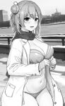  1girl blush bra breasts cardigan cleavage coat exhibitionism greyscale hair_bun highres inanaki_shiki large_breasts long_sleeves looking_at_viewer monochrome navel open_cardigan open_clothes open_coat open_mouth outdoors panties public_indecency scarf short_hair single_hair_bun solo underwear white_background winter winter_clothes yahari_ore_no_seishun_lovecome_wa_machigatteiru. yuigahama_yui 