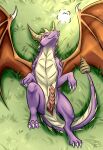 absurd_res activision claws dragon erection eyes_closed feral genitals grass hi_res horn light light_beam lying male muskydusky on_back outside penis plant purple_body purple_scales scales smoke smoke_from_nose solo spread_wings spyro spyro_the_dragon sunbeam sunlight wings