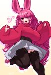  1girl :3 absurdres ahoge animal_ear_legwear animal_ears artist_name black_thighhighs breasts bright_pupils cat_ear_legwear cropped_legs gradient_background heart high-waist_skirt highres index_finger_raised large_breasts long_hair long_sleeves looking_at_viewer open_mouth original pink_eyes pink_hair pink_pupils pleated_skirt rabbit_ears rabbit_girl red_sweater skeb skirt sleeves_past_wrists smile solo sweater thighhighs turtleneck turtleneck_sweater very_long_hair white_background white_skirt yellow_background zakozako_y 